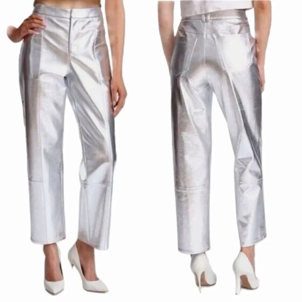 Avec Les Filles Large Metallic Silver High Waist Crop Wide Leg Pants